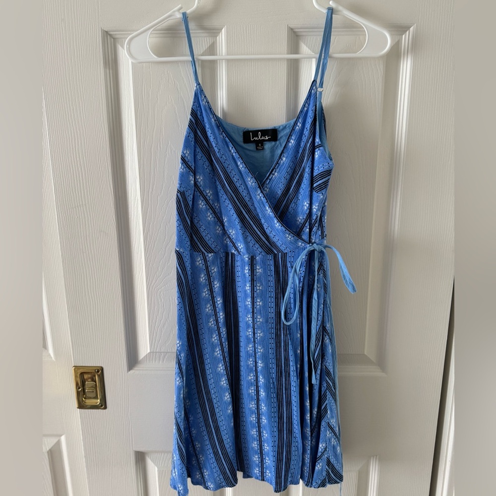 Lulu's Blue Striped Breezy Aesthetic Navy Blue Striped Wrap Mini Dress by Lulus